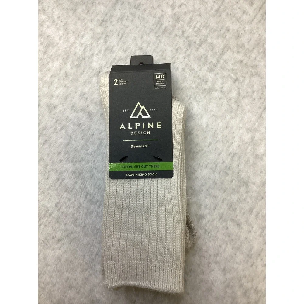 Alpine Design Mens 2 Pack Ragg Hiking Sock Crew Cut Wool Blend White Gray MD 6-9